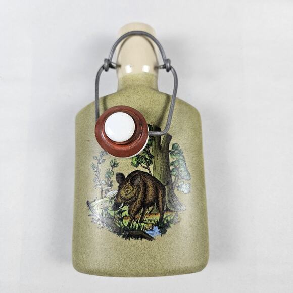 Vintage German Hip Flask Wild Boar Hinged Captive Top Liquor Stoneware Hunting - Picture 2 of 13